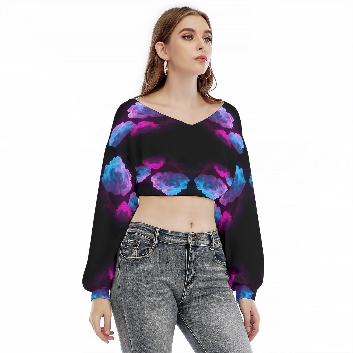 Women's V-neck Long Sleeve Cropped Sweatshirt