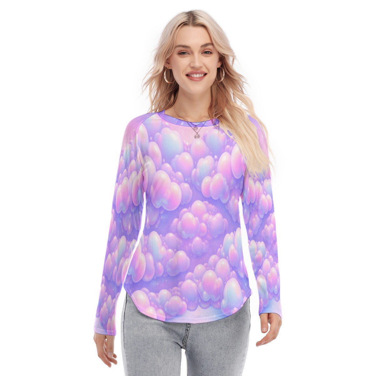 Women's Raglan Sleeves U-Shaped Hem Long Sleeves Blouse