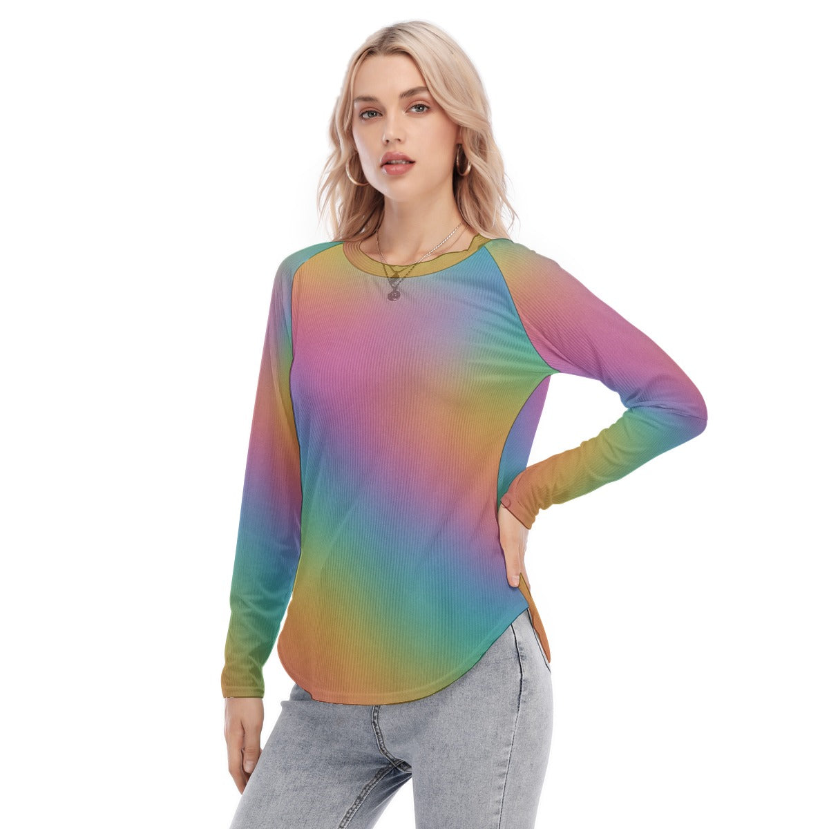 Women's Raglan Sleeves U-Shaped Hem Long Sleeves Blouse