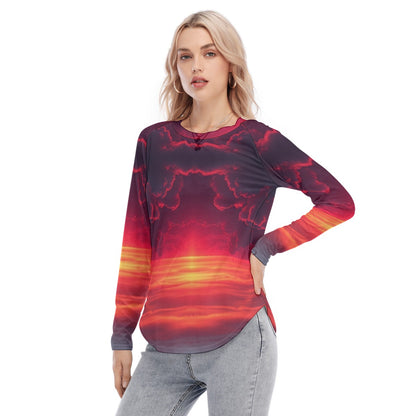 Women's Raglan Sleeves U-Shaped Hem Long Sleeves Blouse