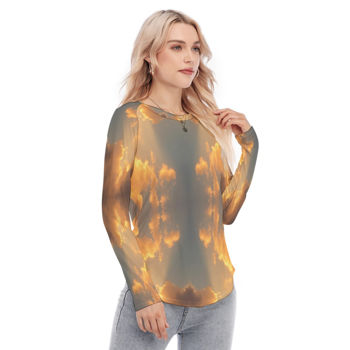 Women's Raglan Sleeves U-Shaped Hem Long Sleeves Blouse