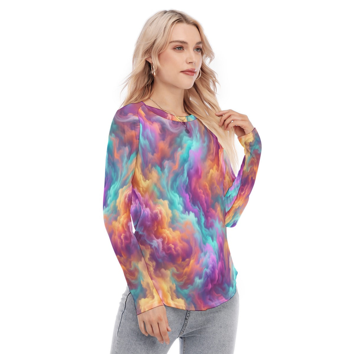 Women's Raglan Sleeves U-Shaped Hem Long Sleeves Blouse