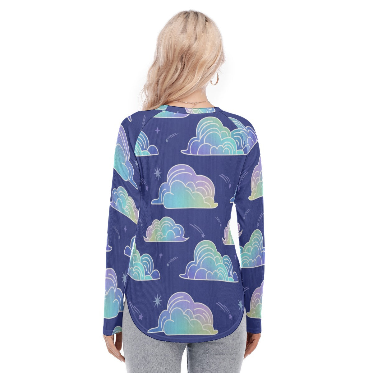 Women's Raglan Sleeves U-Shaped Hem Long Sleeves Blouse