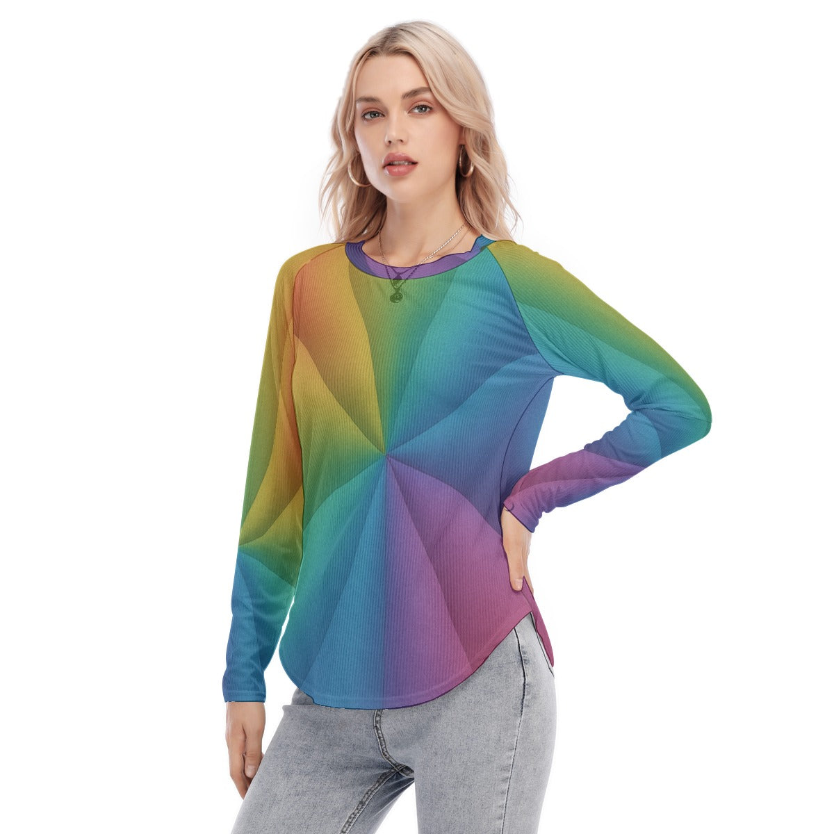 Women's Raglan Sleeves U-Shaped Hem Long Sleeves Blouse