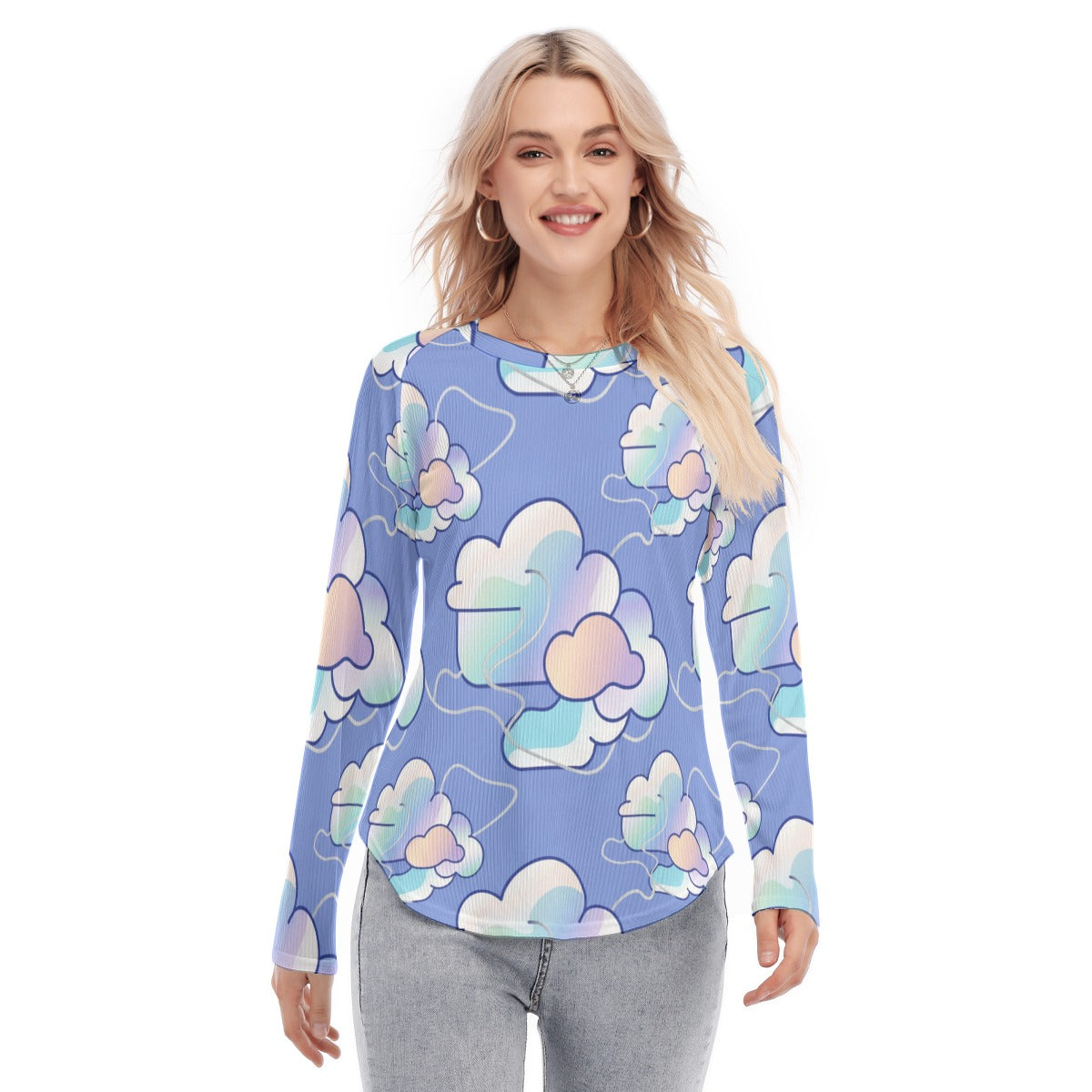 Women's Raglan Sleeves U-Shaped Hem Long Sleeves Blouse