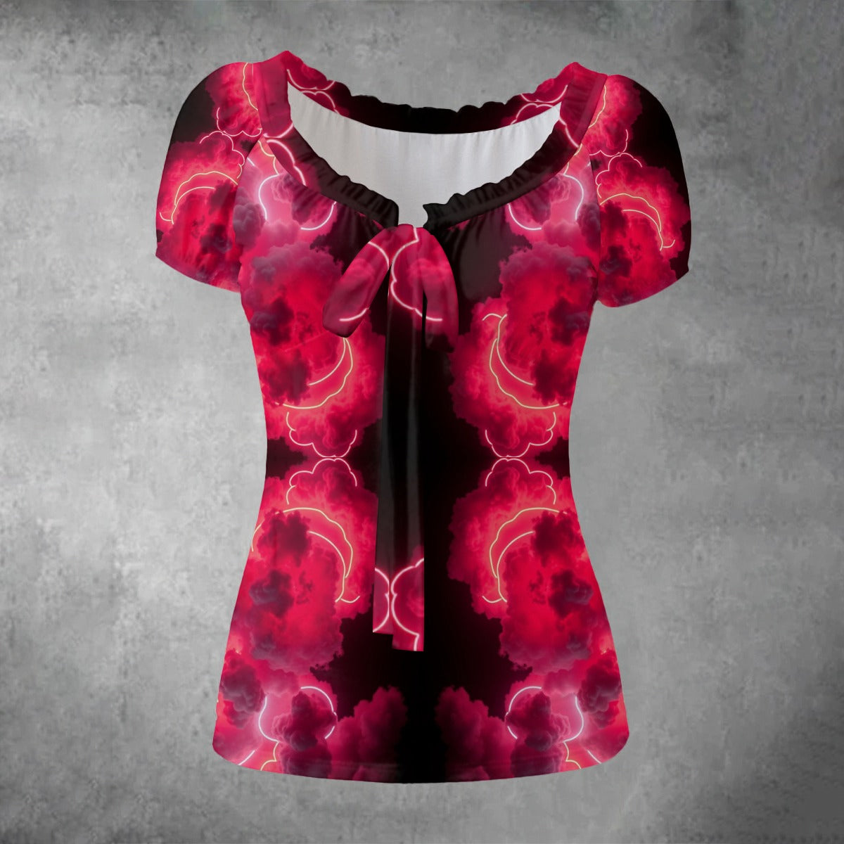 All-over print Women's Puff Sleeve Pleated Shirt