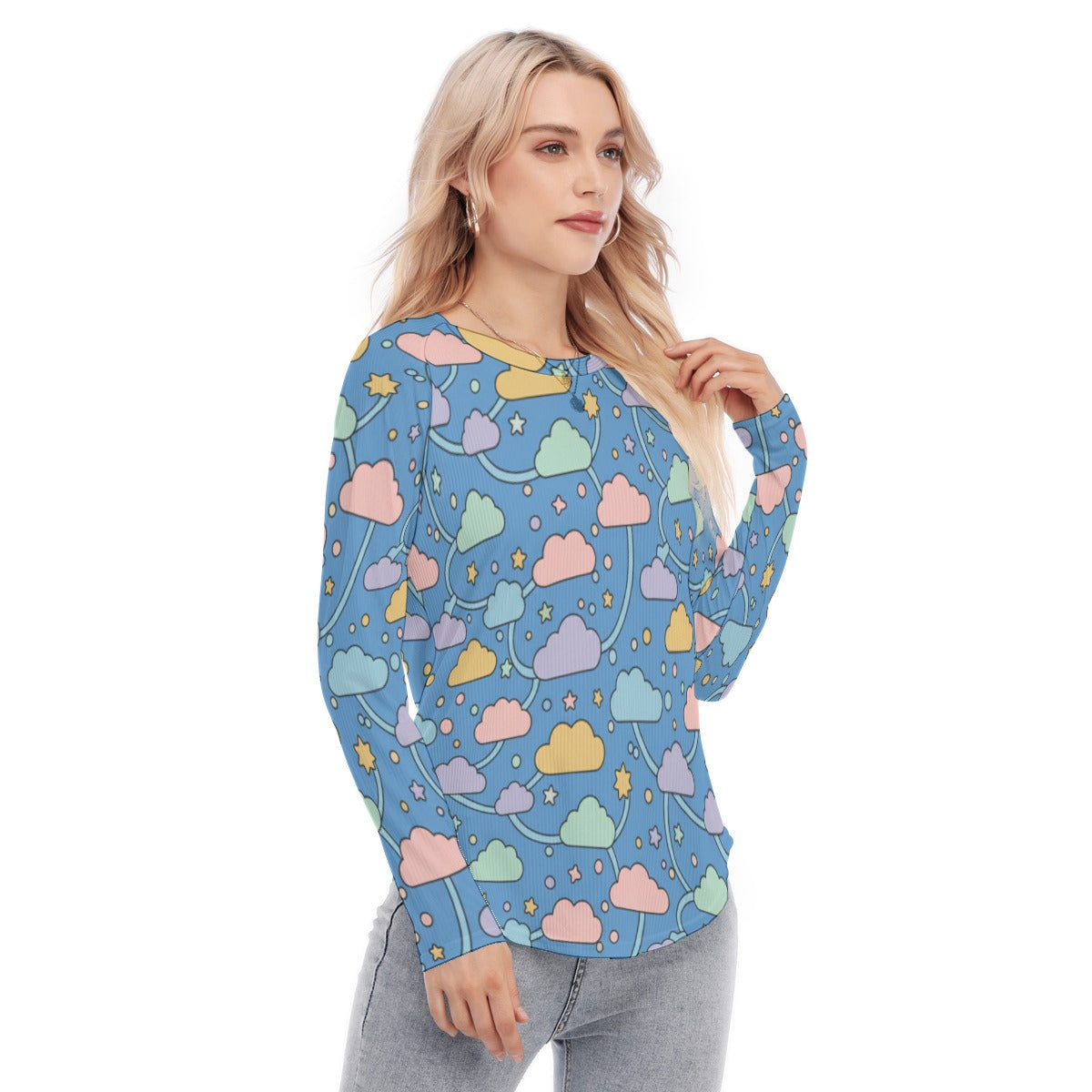 Women's Raglan Sleeves U-Shaped Hem Long Sleeves Blouse