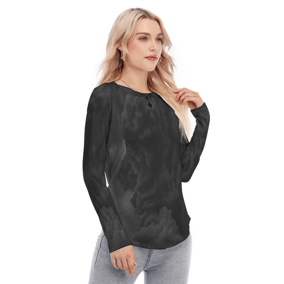Women's Raglan Sleeves U-Shaped Hem Long Sleeves Blouse