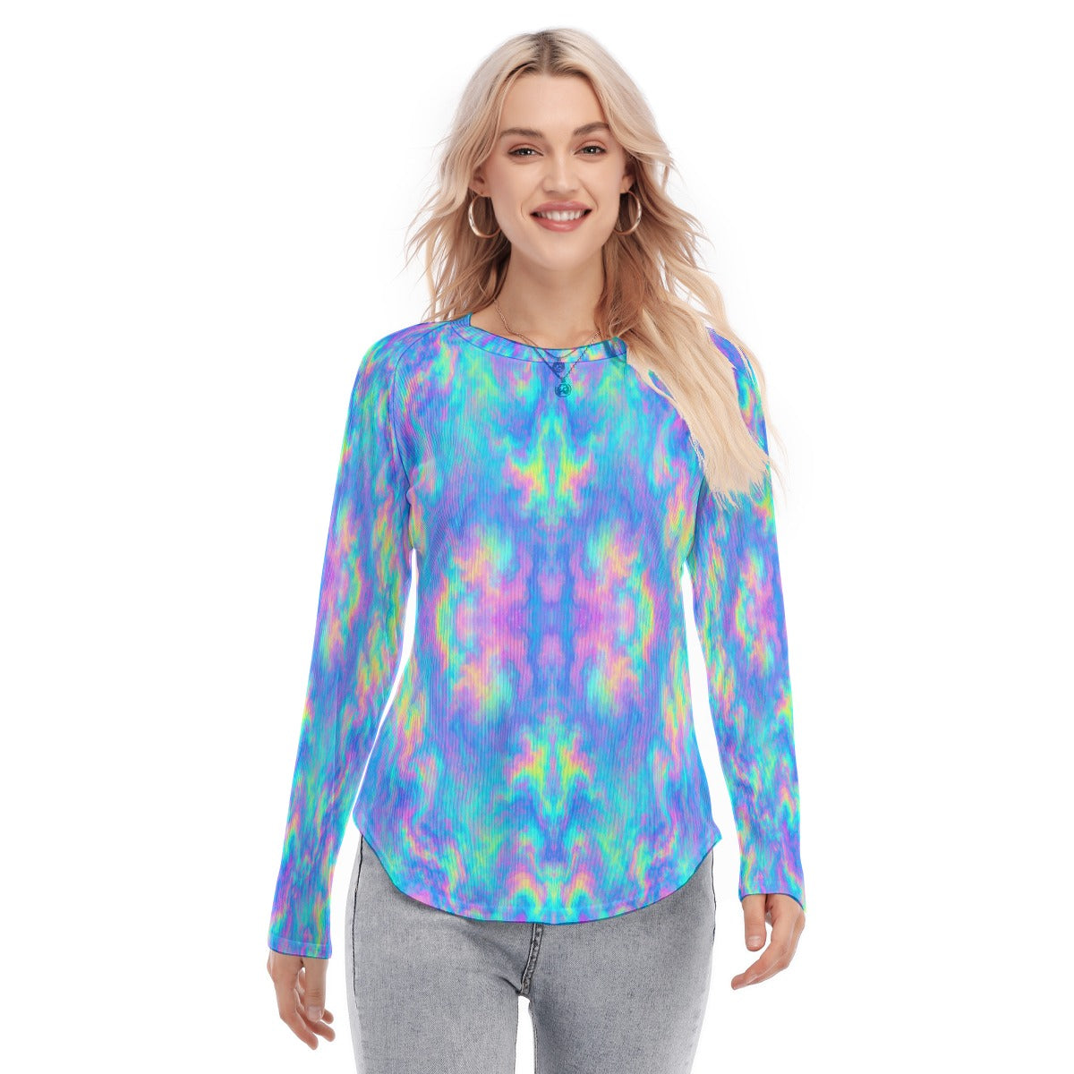 Women's Raglan Sleeves U-Shaped Hem Long Sleeves Blouse