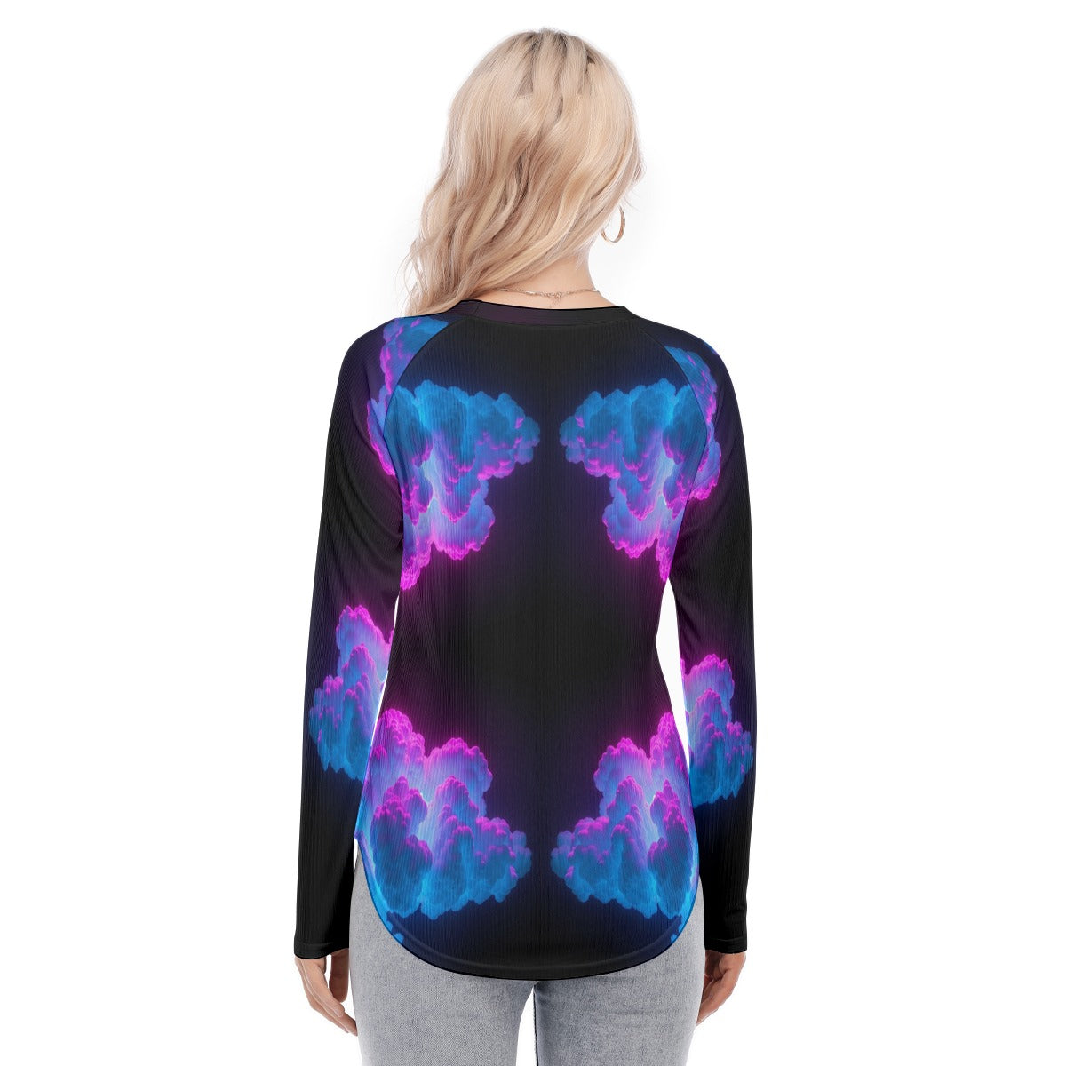 Women's Raglan Sleeves U-Shaped Hem Long Sleeves Blouse