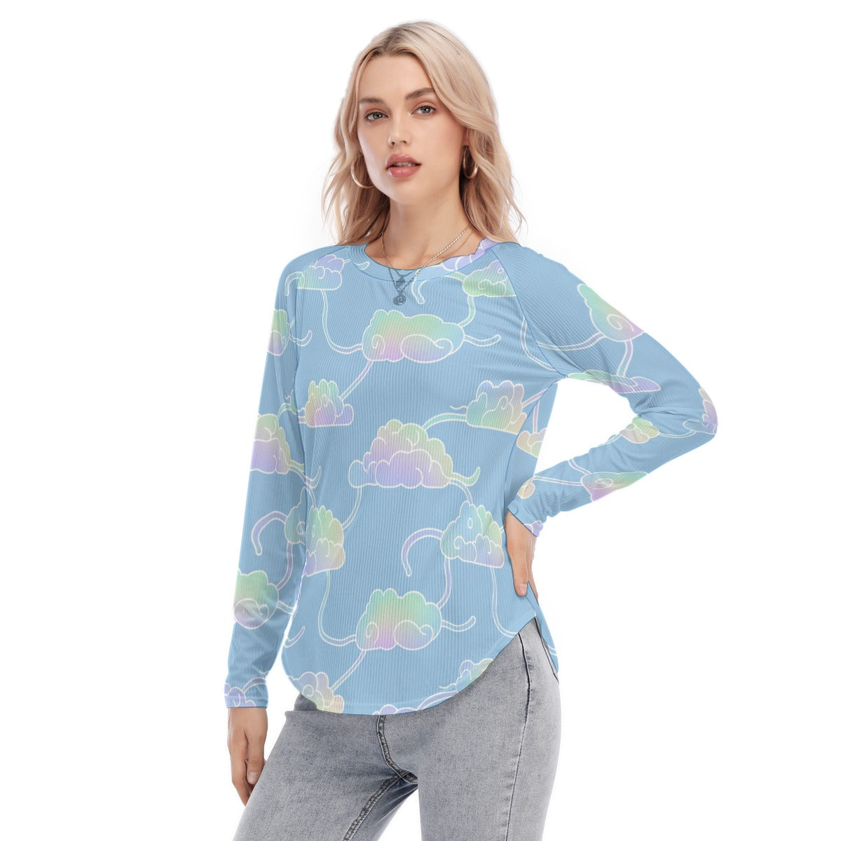Women's Raglan Sleeves U-Shaped Hem Long Sleeves Blouse