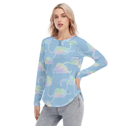 Women's Raglan Sleeves U-Shaped Hem Long Sleeves Blouse
