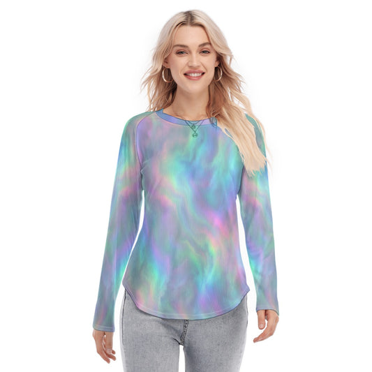 Women's Raglan Sleeves U-Shaped Hem Long Sleeves Blouse