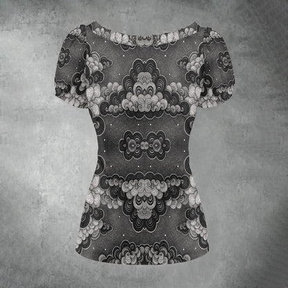 All-over print Women's Puff Sleeve Pleated Shirt