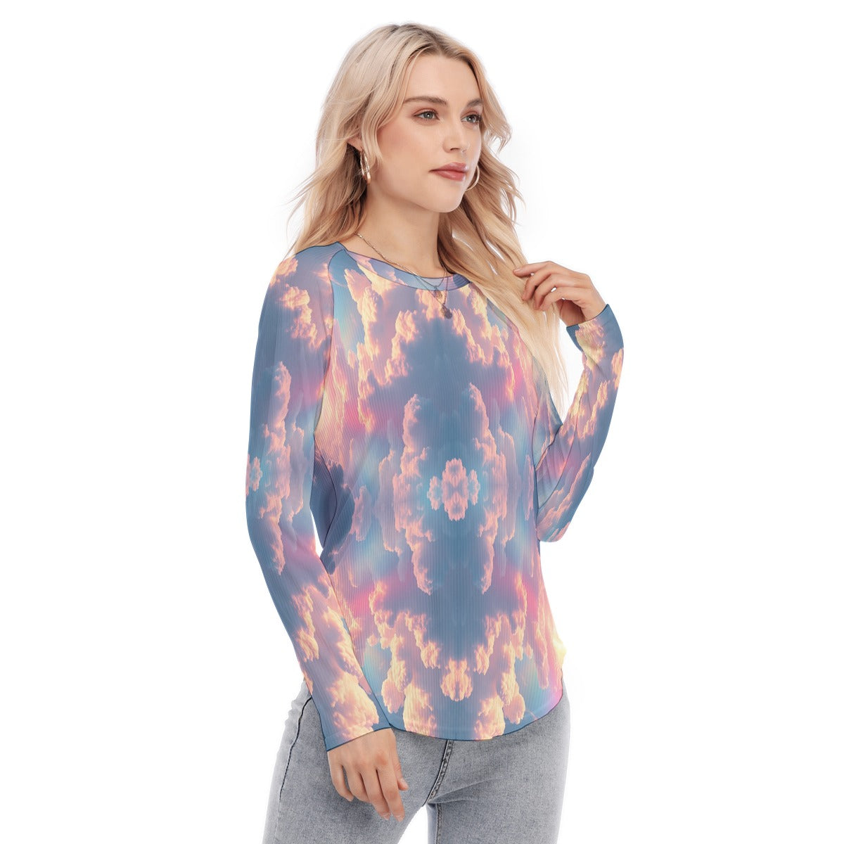 Women's Raglan Sleeves U-Shaped Hem Long Sleeves Blouse