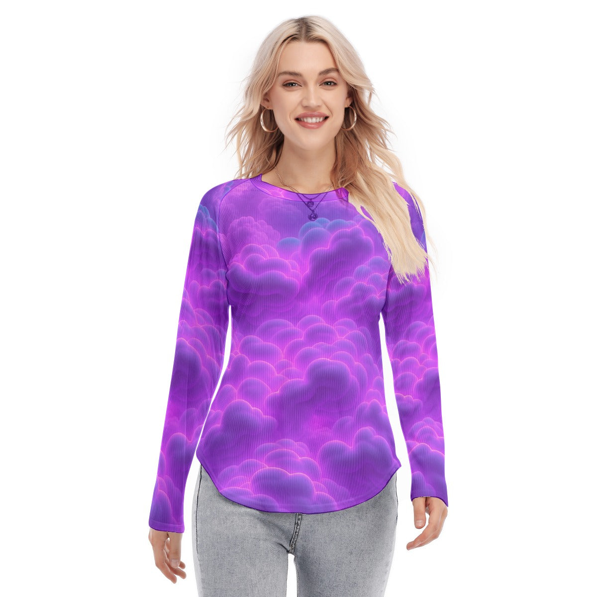 Women's Raglan Sleeves U-Shaped Hem Long Sleeves Blouse