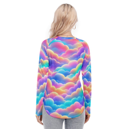 Women's Raglan Sleeves U-Shaped Hem Long Sleeves Blouse