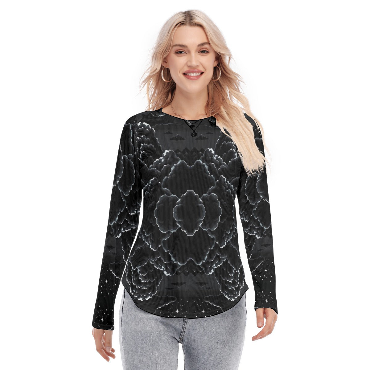 Women's Raglan Sleeves U-Shaped Hem Long Sleeves Blouse