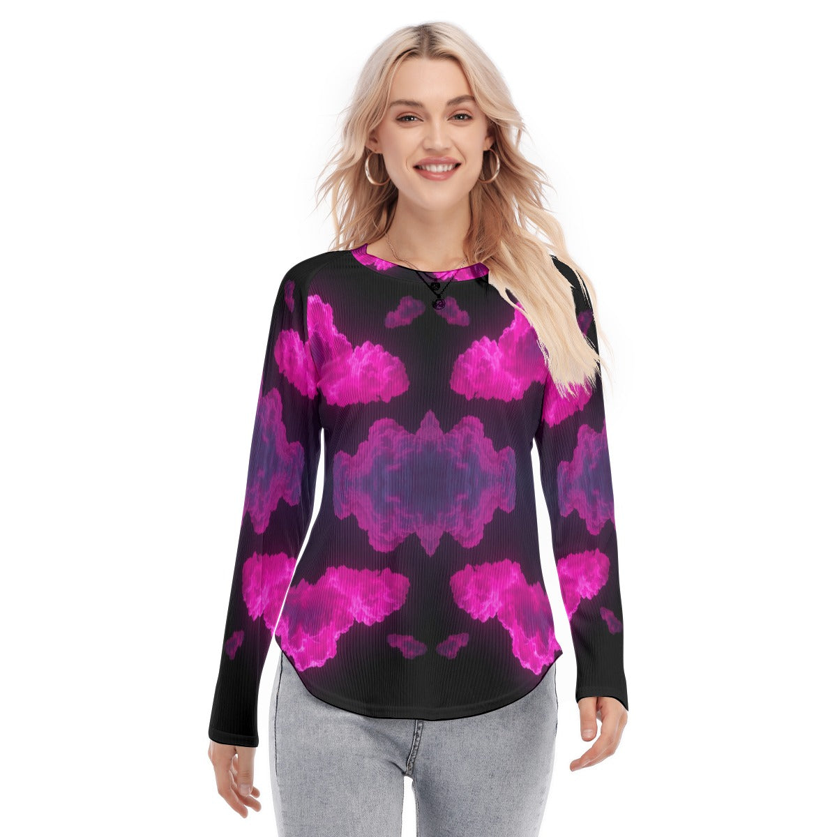 Women's Raglan Sleeves U-Shaped Hem Long Sleeves Blouse