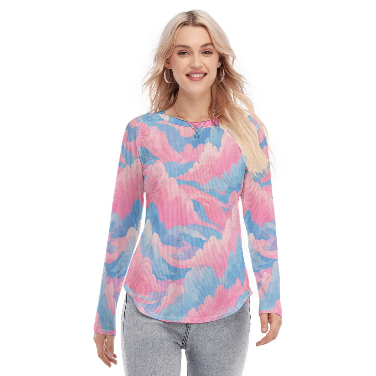 Women's Raglan Sleeves U-Shaped Hem Long Sleeves Blouse