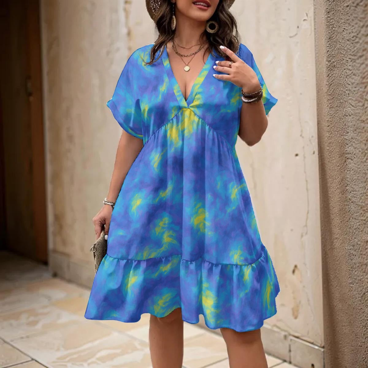 Unisex Women’s Floral V-Neck Short Sleeve Dress