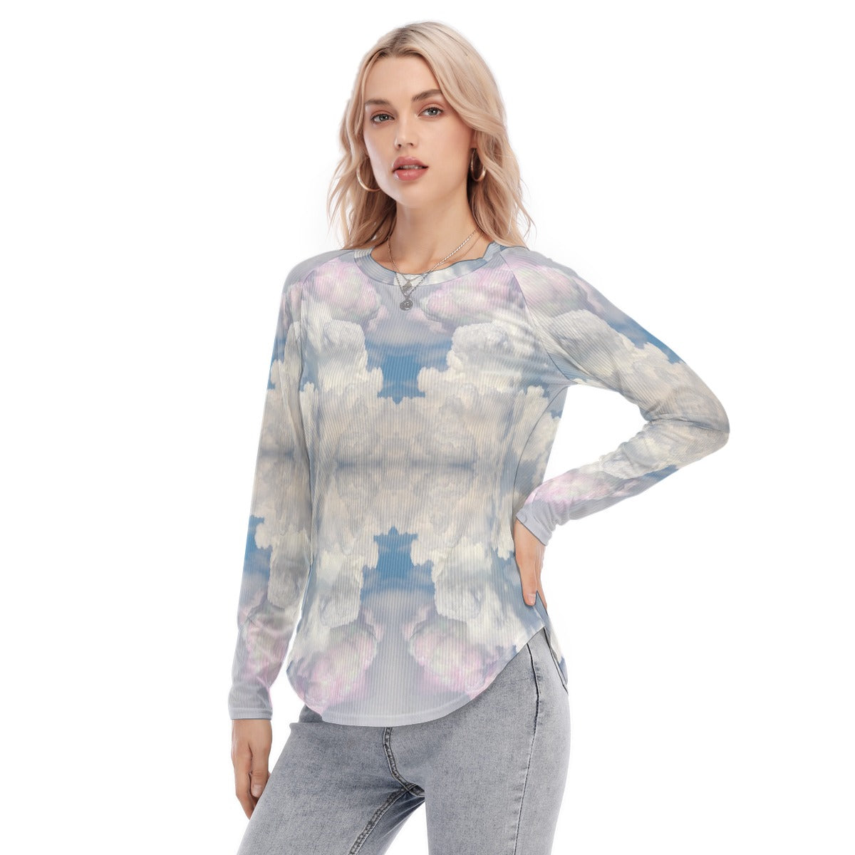 Women's Raglan Sleeves U-Shaped Hem Long Sleeves Blouse