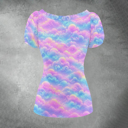 All-over print Women's Puff Sleeve Pleated Shirt