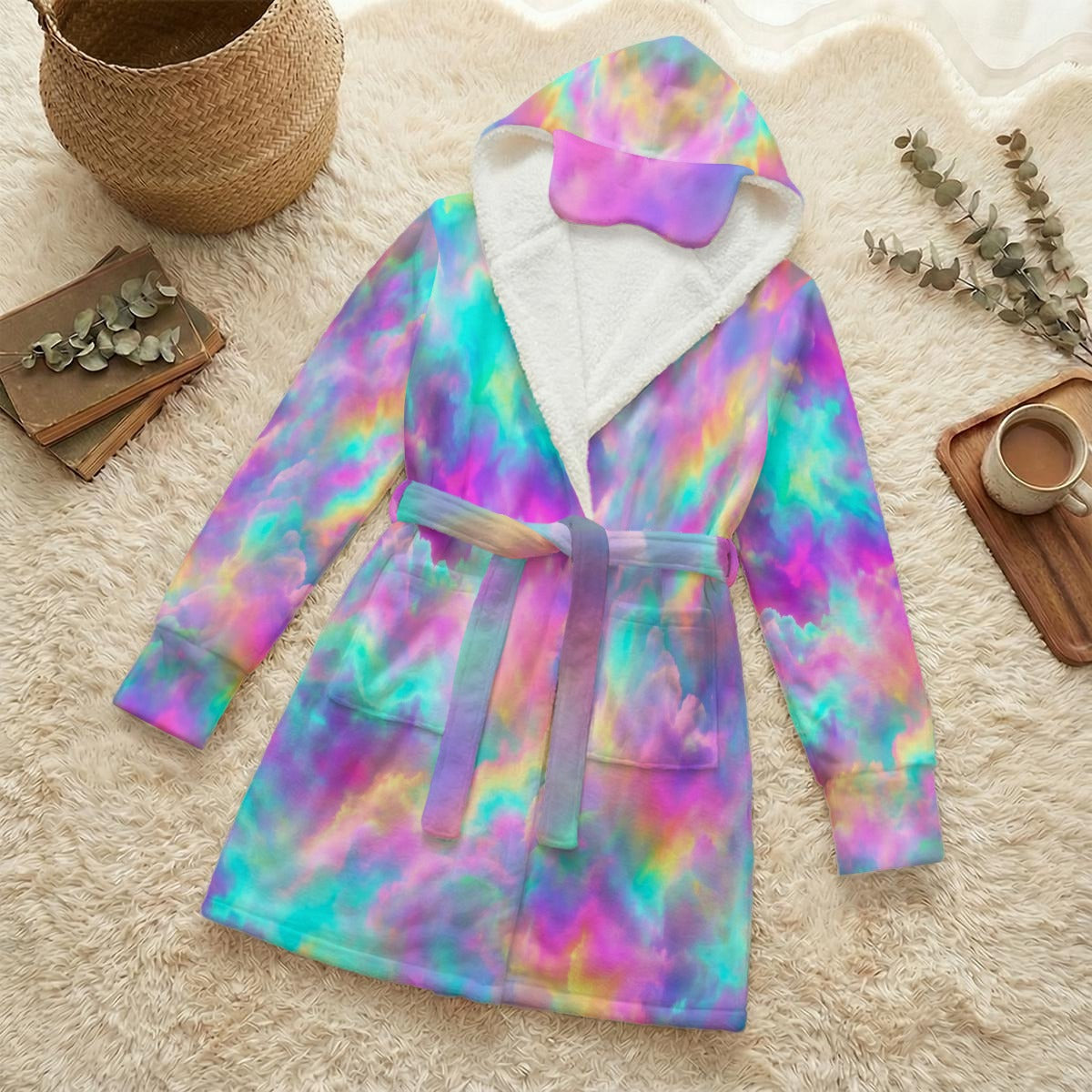 Unisex Flannel Hooded Robe With Eye Mask