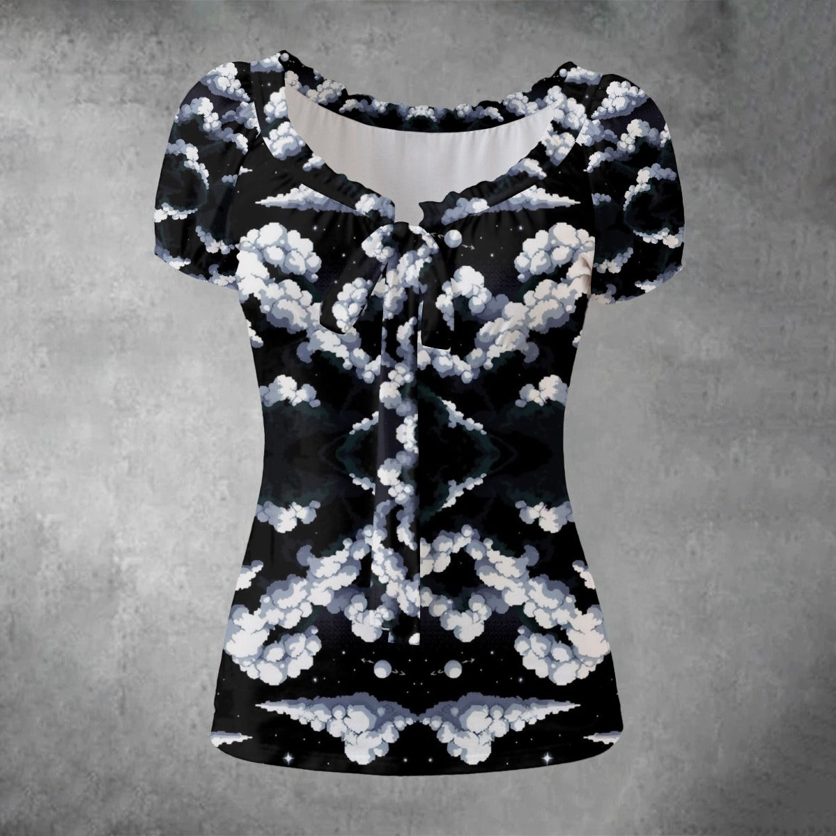 All-over print Women's Puff Sleeve Pleated Shirt
