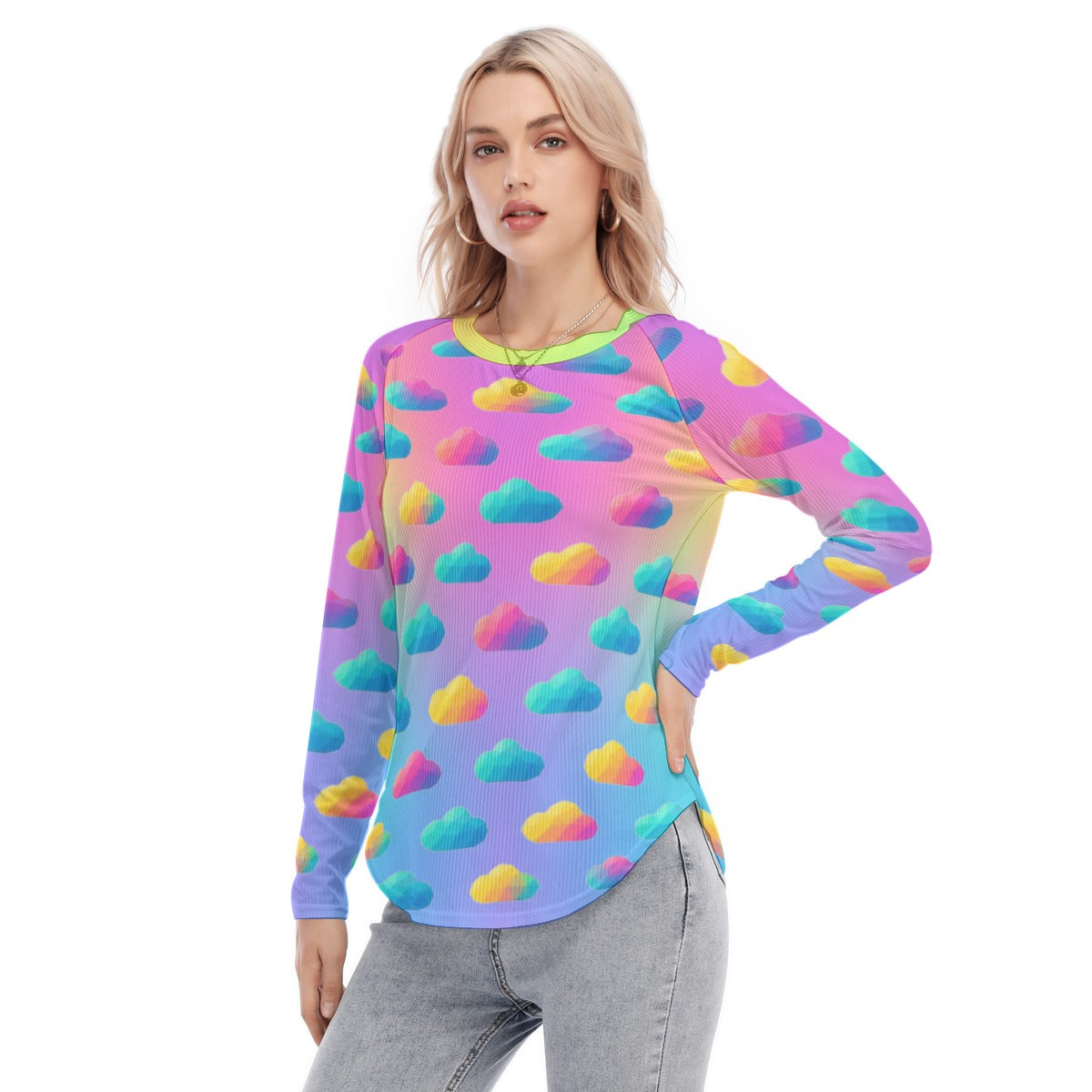 Women's Raglan Sleeves U-Shaped Hem Long Sleeves Blouse