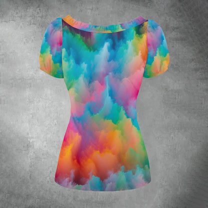 All-over print Women's Puff Sleeve Pleated Shirt