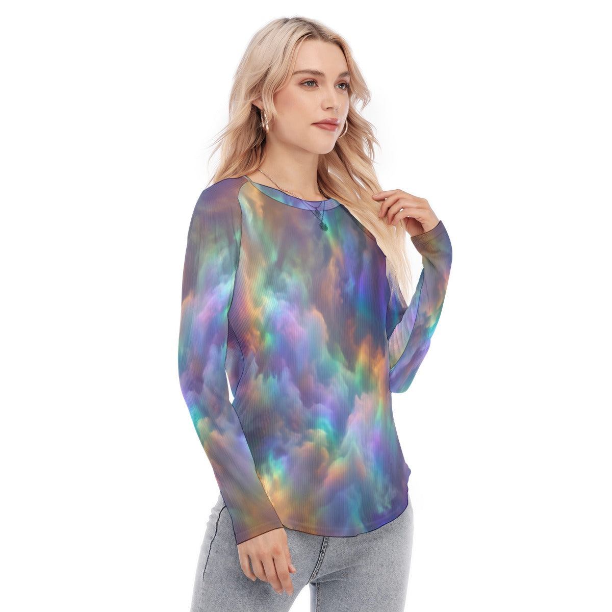 Women's Raglan Sleeves U-Shaped Hem Long Sleeves Blouse