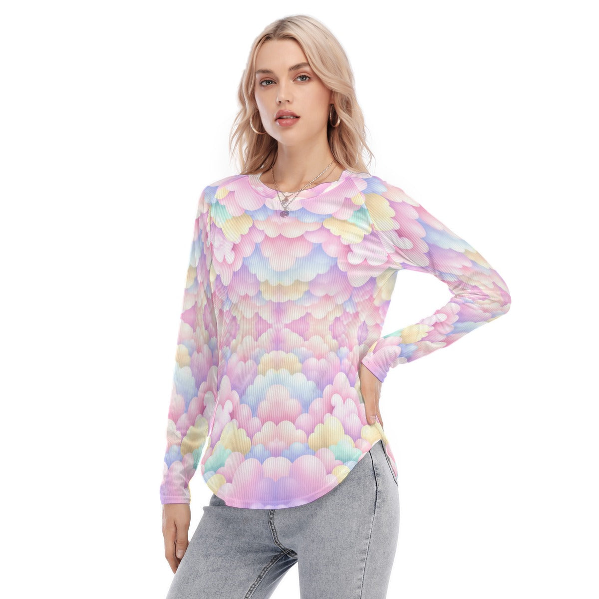 Women's Raglan Sleeves U-Shaped Hem Long Sleeves Blouse