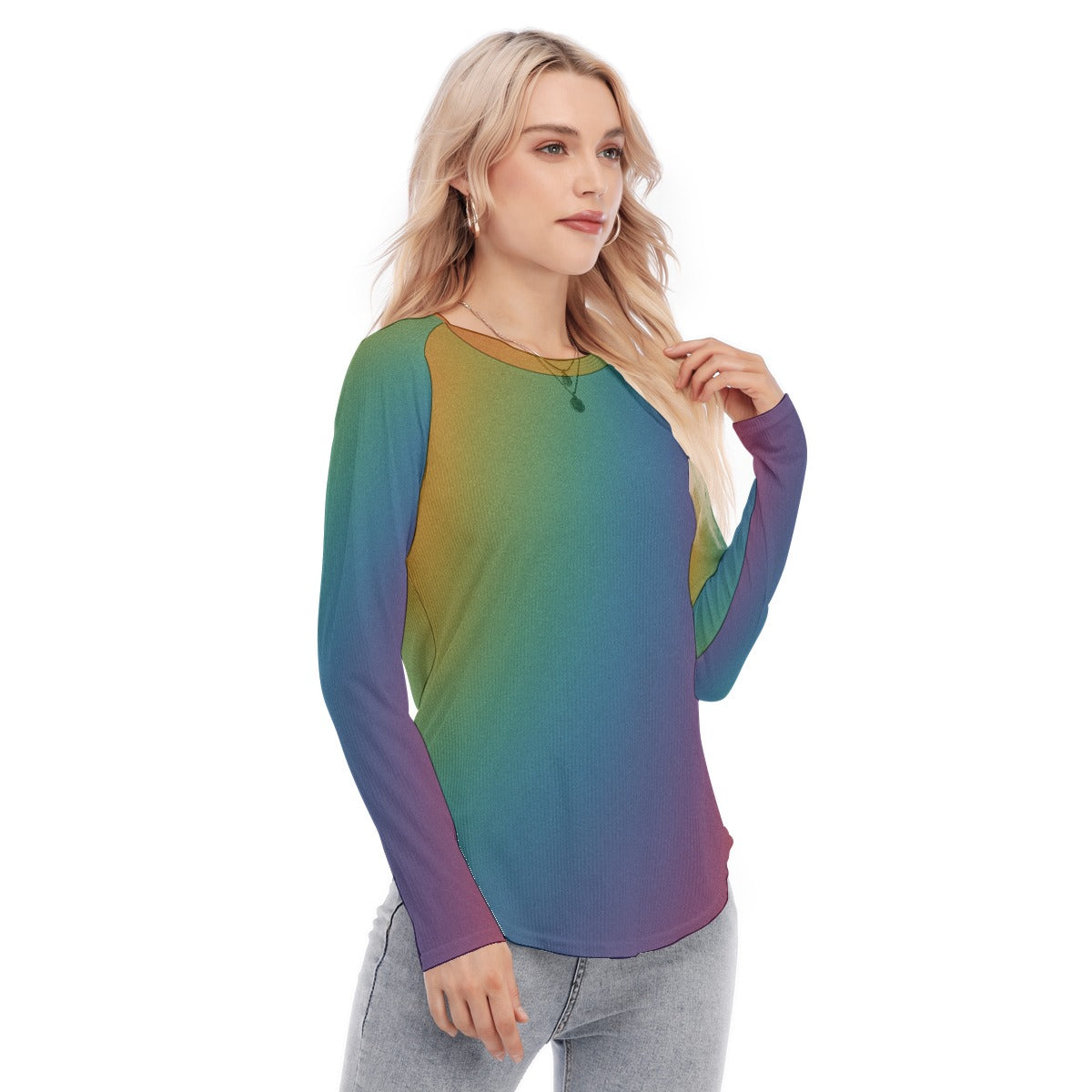 Women's Raglan Sleeves U-Shaped Hem Long Sleeves Blouse