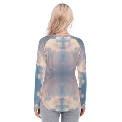Women's Raglan Sleeves U-Shaped Hem Long Sleeves Blouse