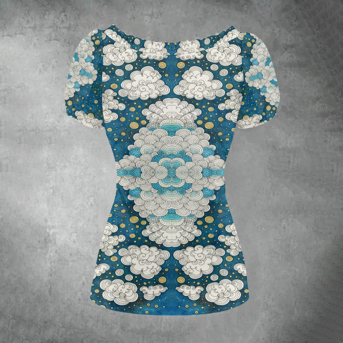 All-over print Women's Puff Sleeve Pleated Shirt