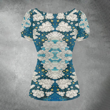 All-over print Women's Puff Sleeve Pleated Shirt