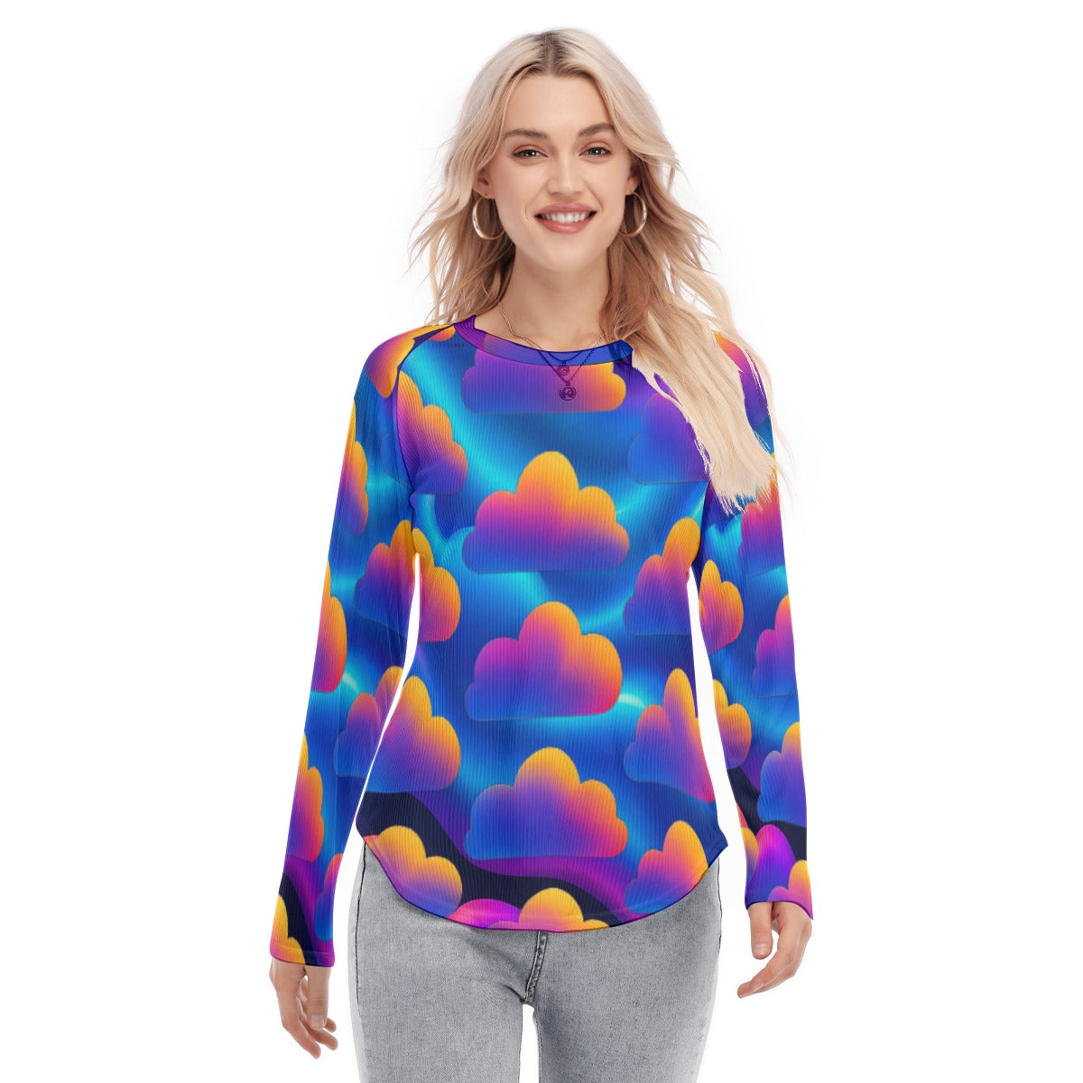 Women's Raglan Sleeves U-Shaped Hem Long Sleeves Blouse