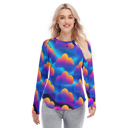 Women's Raglan Sleeves U-Shaped Hem Long Sleeves Blouse