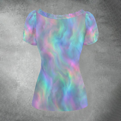 All-over print Women's Puff Sleeve Pleated Shirt
