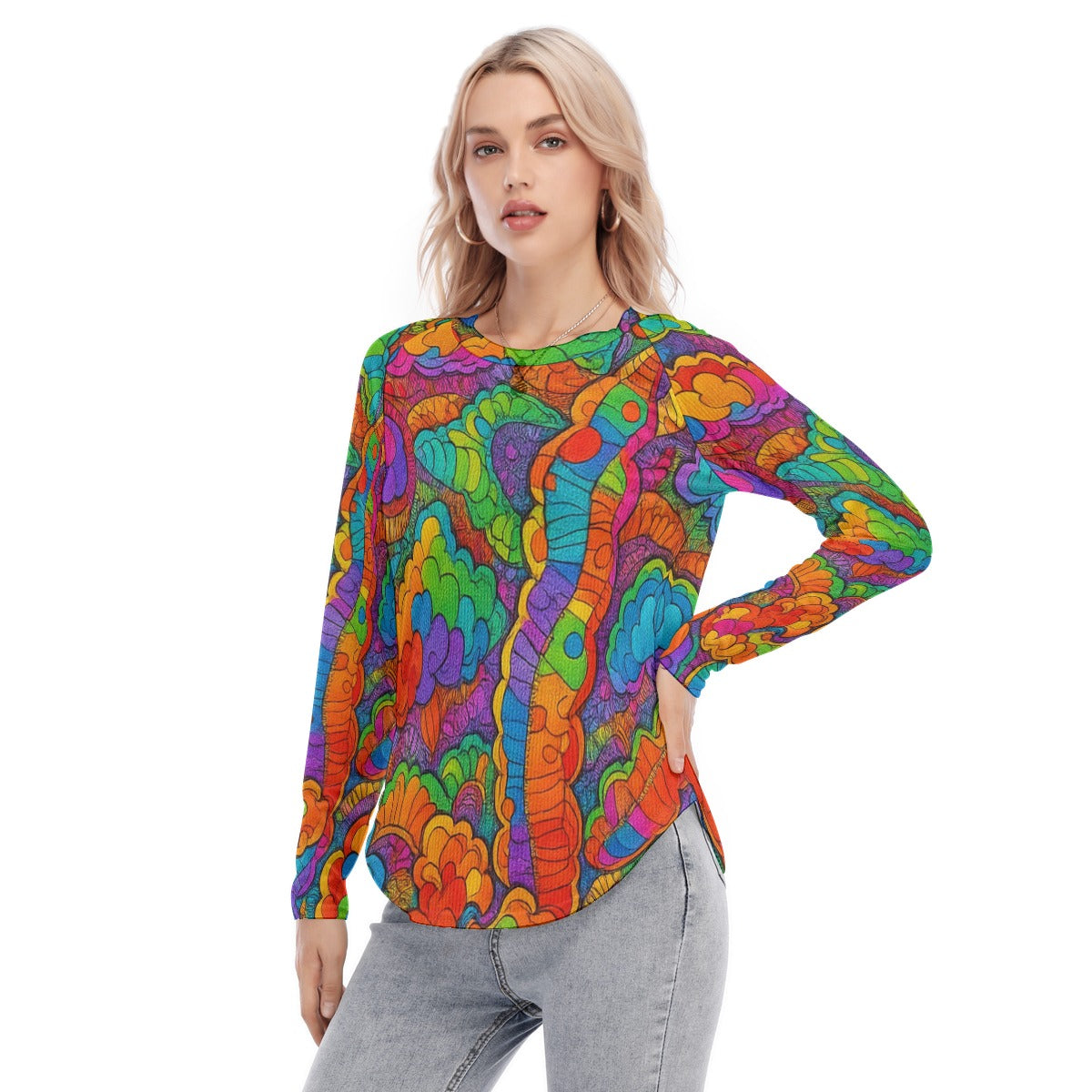 Women's Raglan Sleeves U-Shaped Hem Long Sleeves Blouse