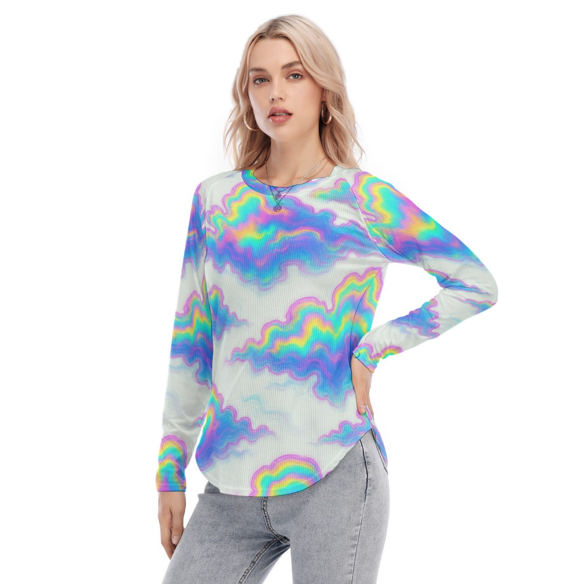 Women's Raglan Sleeves U-Shaped Hem Long Sleeves Blouse