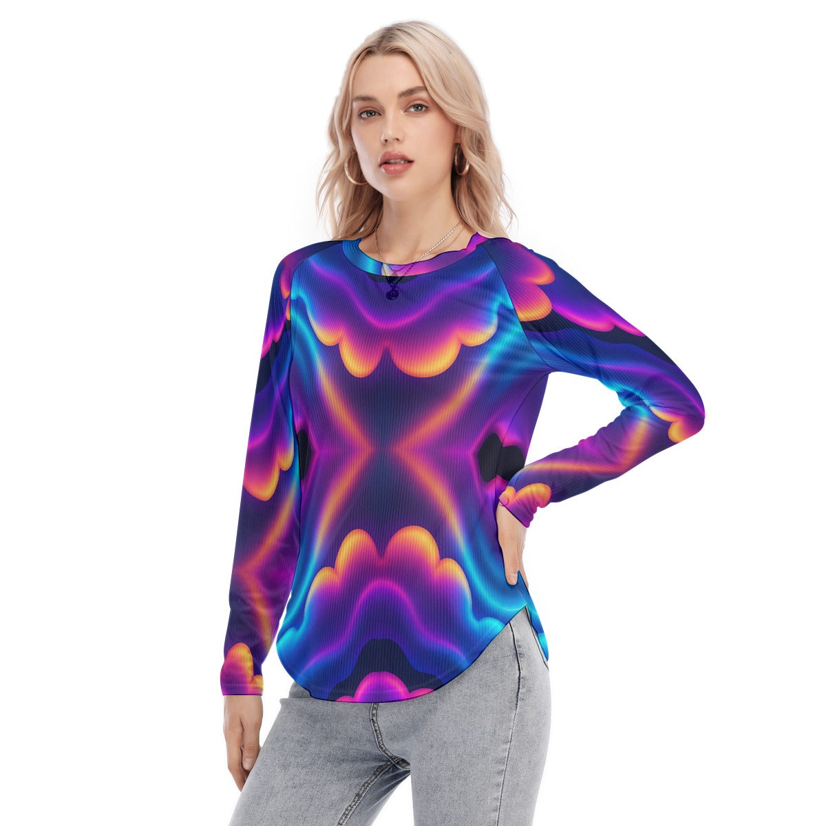 Women's Raglan Sleeves U-Shaped Hem Long Sleeves Blouse