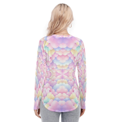 Women's Raglan Sleeves U-Shaped Hem Long Sleeves Blouse