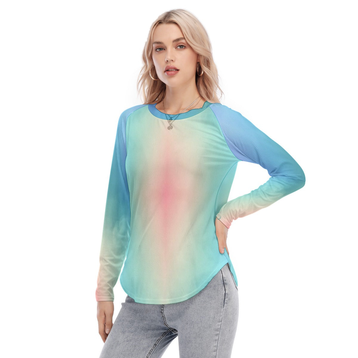 Women's Raglan Sleeves U-Shaped Hem Long Sleeves Blouse