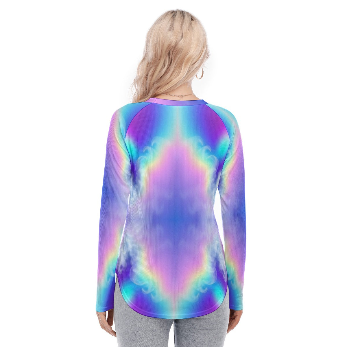 Women's Raglan Sleeves U-Shaped Hem Long Sleeves Blouse