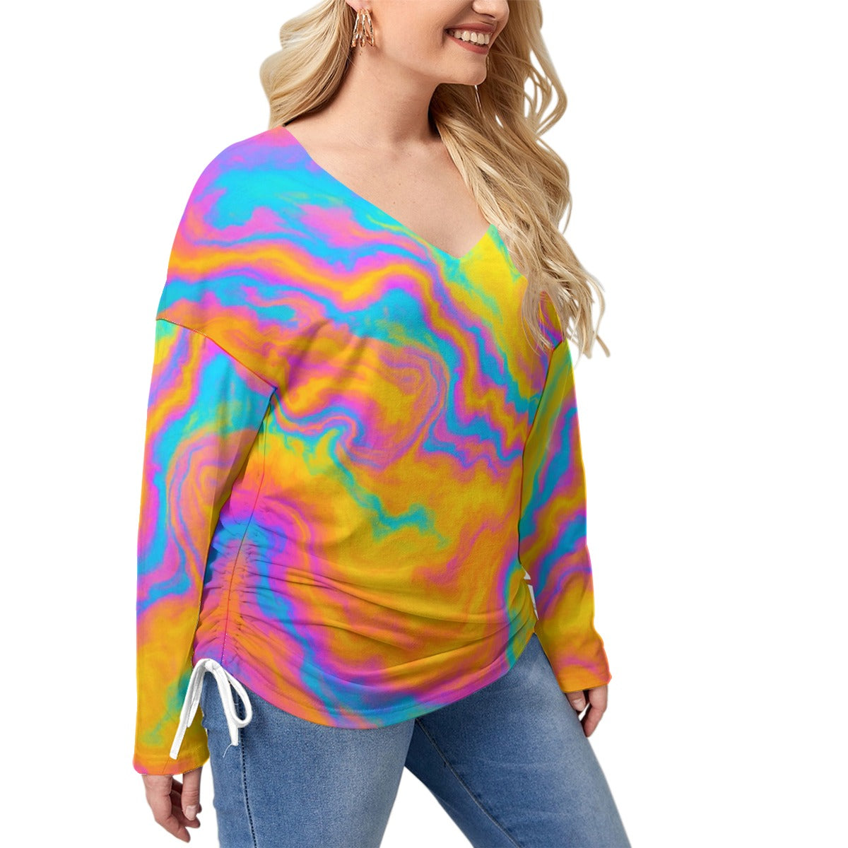 Unisex Women’s V-neck T-shirt With Side Drawstring(Plus Size)