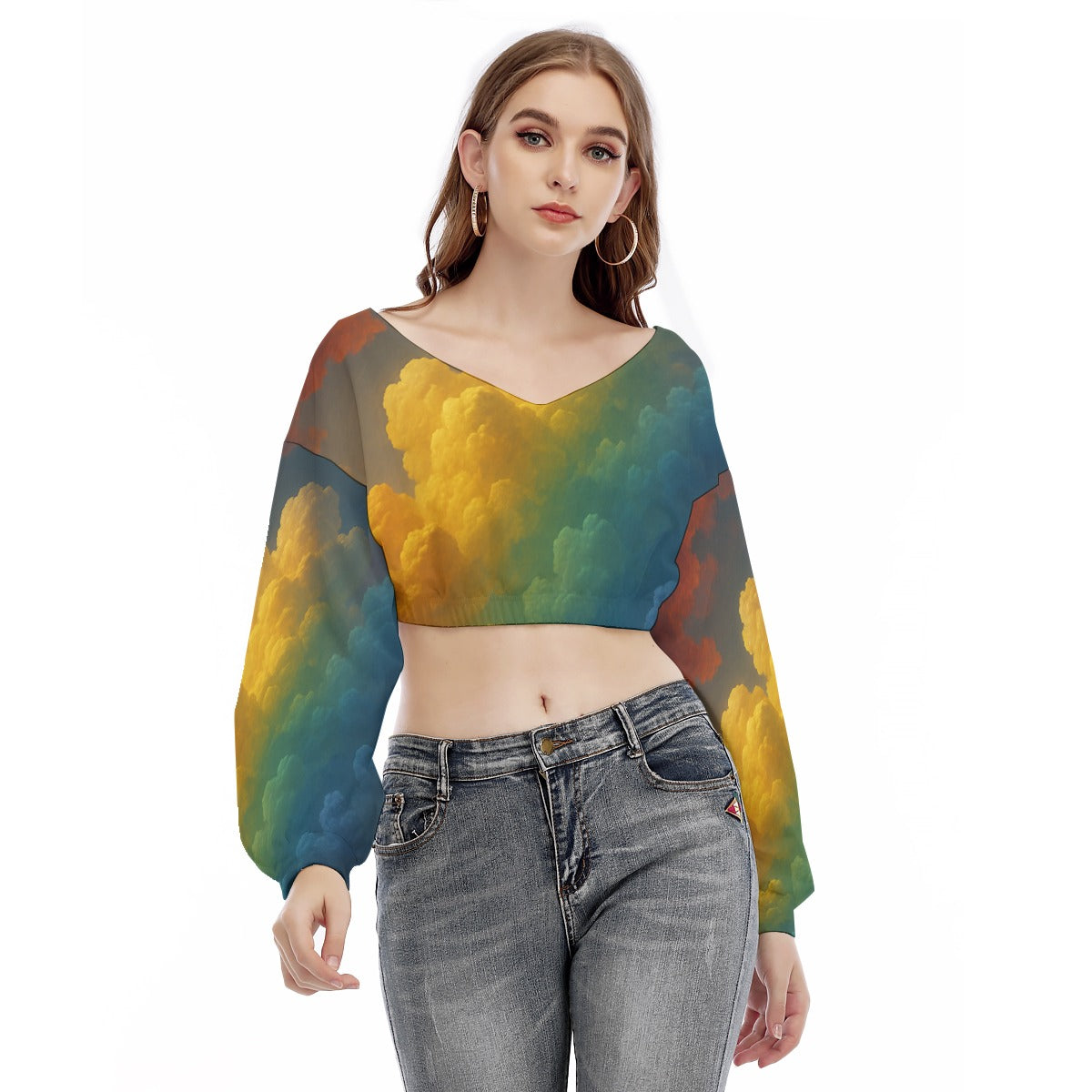 Women's V-neck Long Sleeve Cropped Sweatshirt