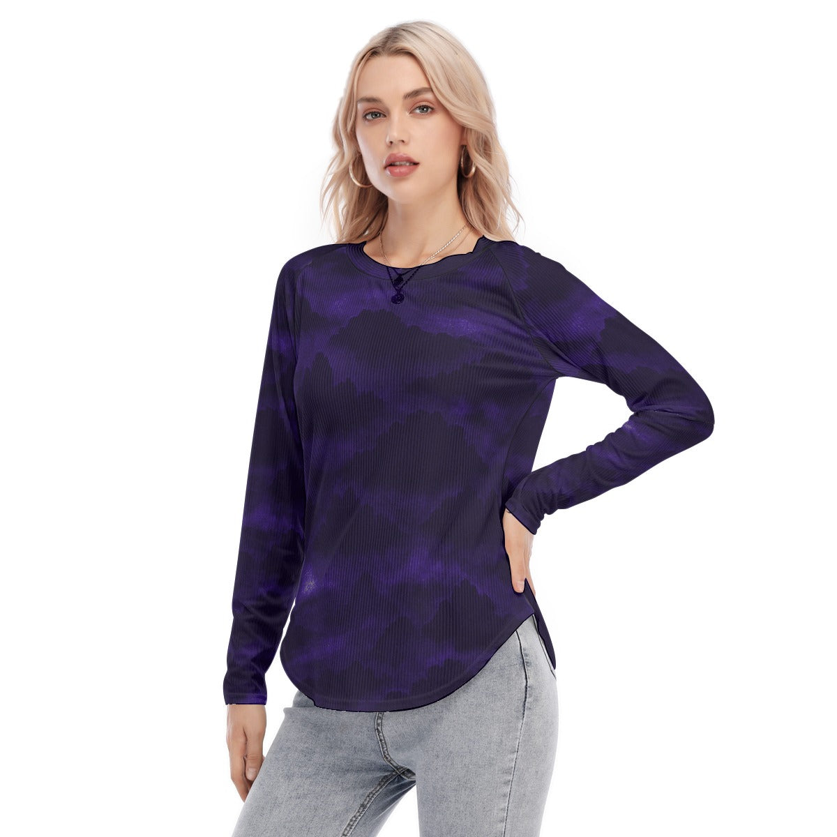 Women's Raglan Sleeves U-Shaped Hem Long Sleeves Blouse