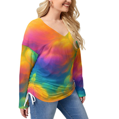 Unisex Women’s V-neck T-shirt With Side Drawstring(Plus Size)